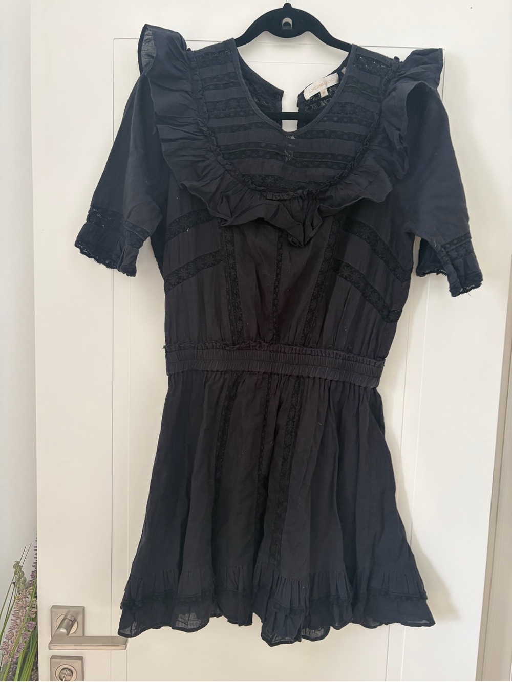 LoveShackFancy Black Ruffle-Trim Cotton Mini Dress